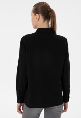 Kadın Siyah Keten Karışımlı Uzun Kollu Basic Gömlek - 50298098036