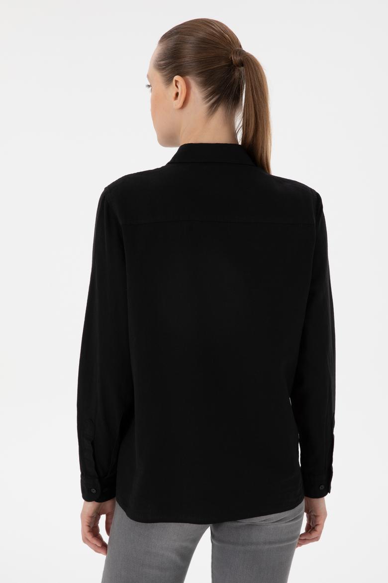 Kadın Siyah Keten Karışımlı Uzun Kollu Basic Gömlek - 50298098036