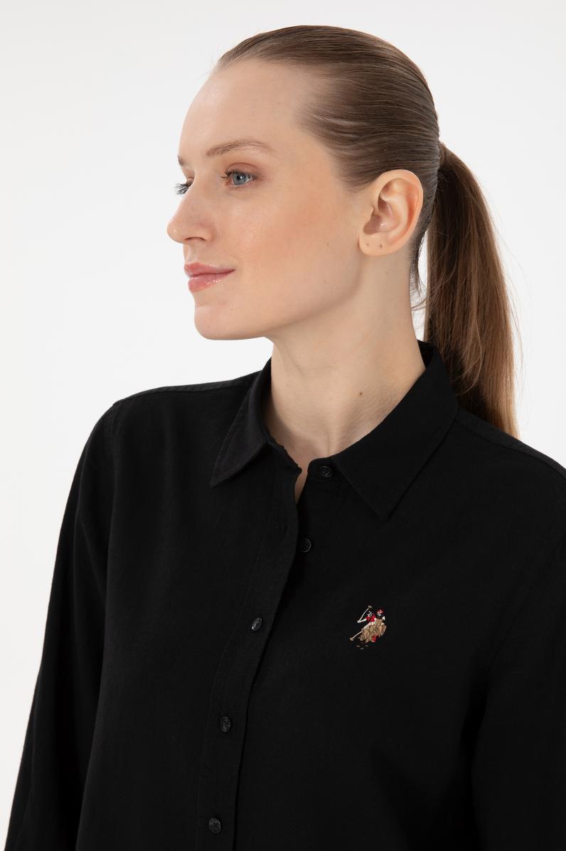 Kadın Siyah Keten Karışımlı Uzun Kollu Basic Gömlek