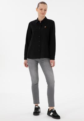 Kadın Siyah Keten Karışımlı Uzun Kollu Basic Gömlek - 50298098036