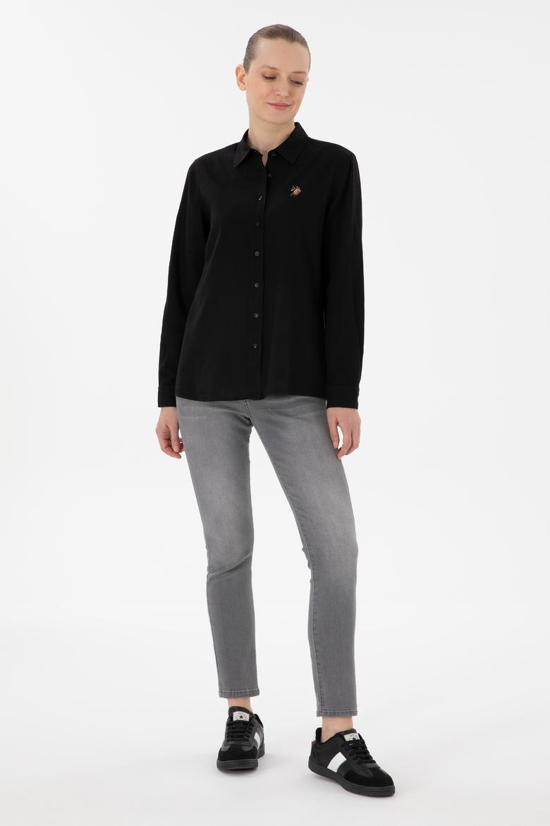 Kadın Siyah Keten Karışımlı Uzun Kollu Basic Gömlek - 50298098036