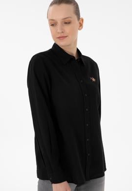 Kadın Siyah Keten Karışımlı Uzun Kollu Basic Gömlek - 50298098036