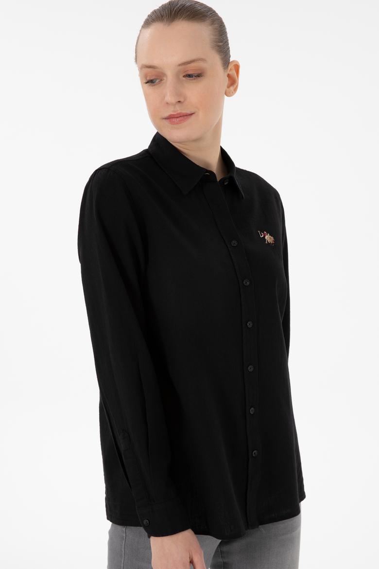 Kadın Siyah Keten Karışımlı Uzun Kollu Basic Gömlek - 50298098036