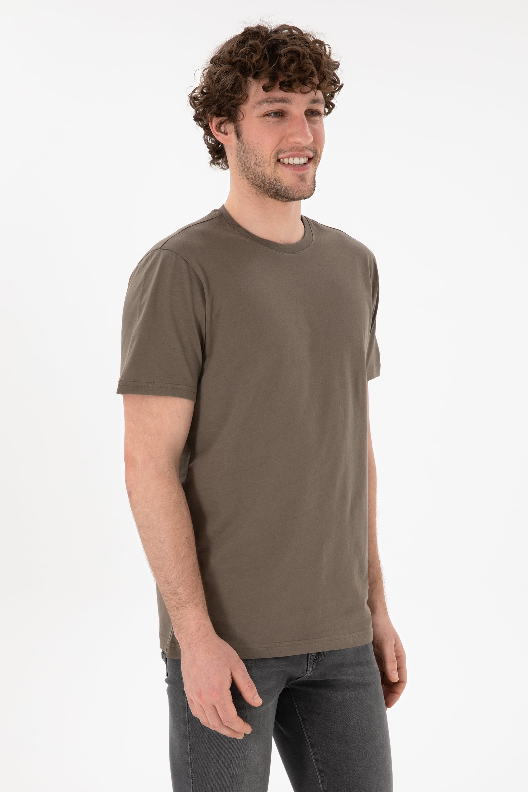 Erkek Regular Fit Bisiklet Yaka Vizon Basic Tişört - Image 2
