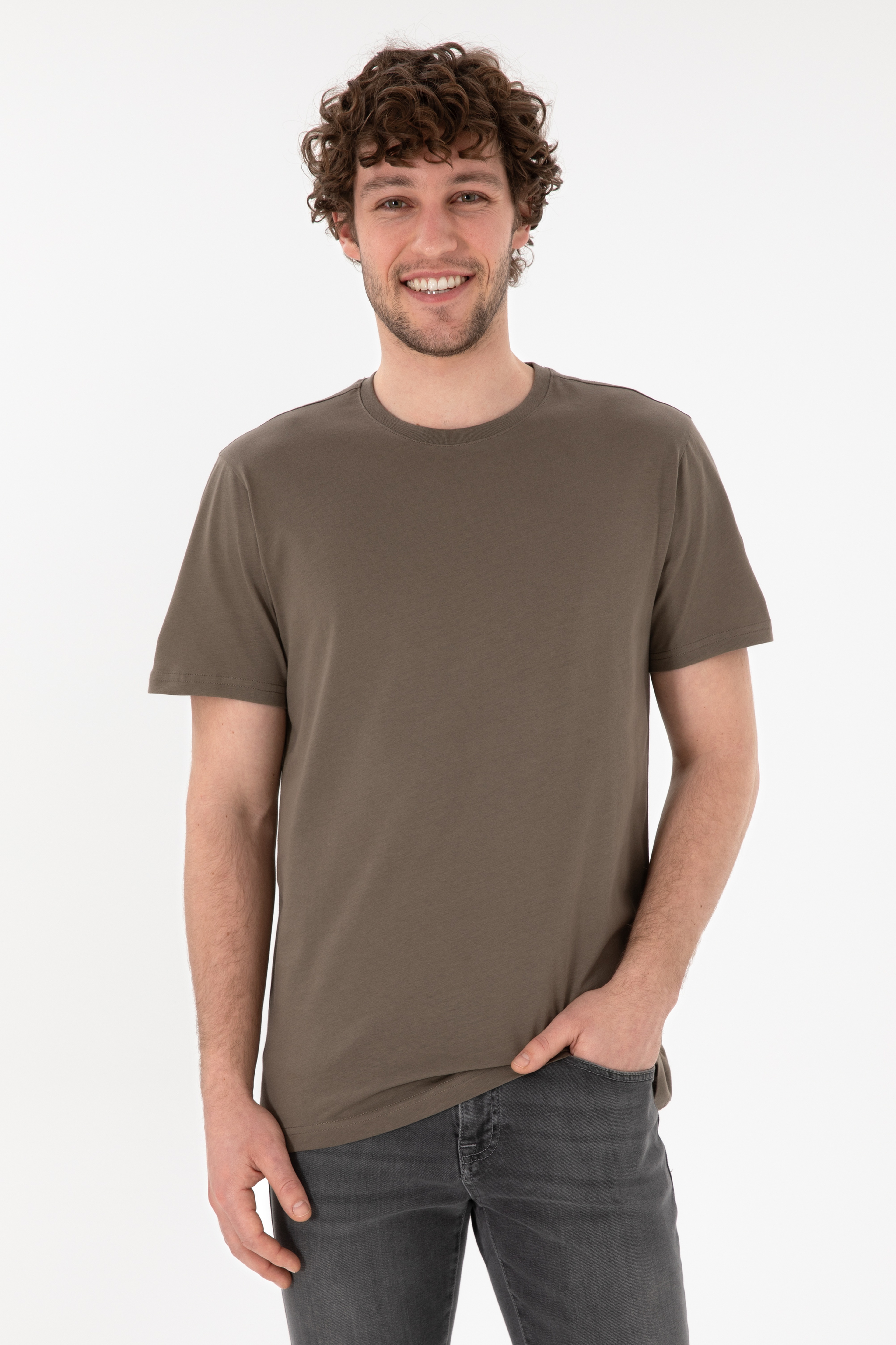 Erkek Regular Fit Bisiklet Yaka Vizon Basic Tişört - Image 1
