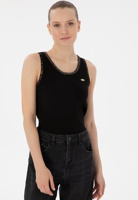 Kadın Siyah Bisiklet Yaka Triko Tişört - 50306480022