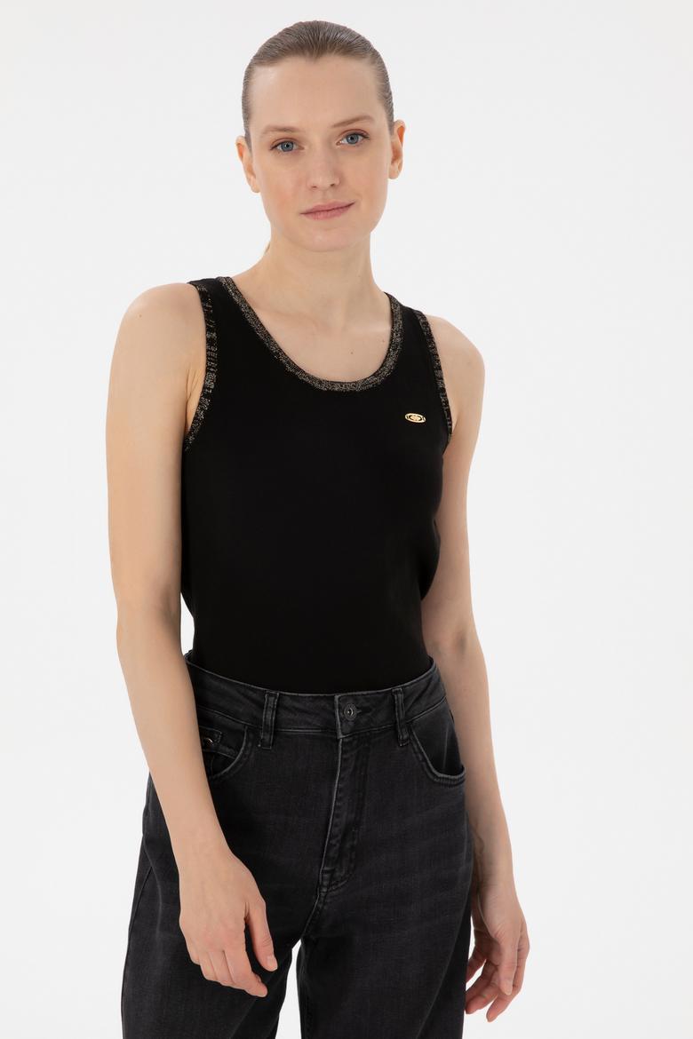 Kadın Siyah Bisiklet Yaka Triko Tişört