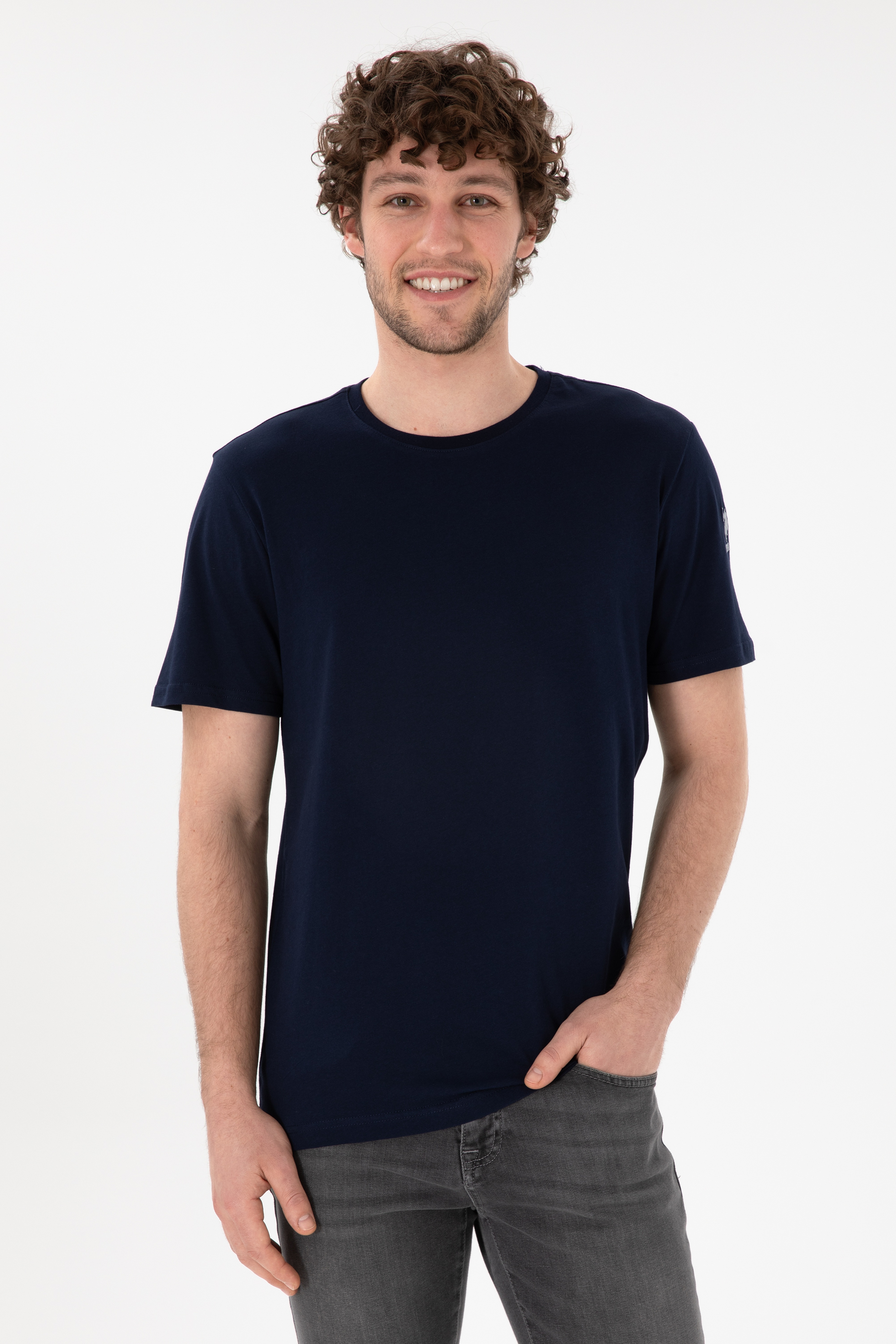 Erkek Regular Fit Bisiklet Yaka Lacivert Basic Tişört - Image 1