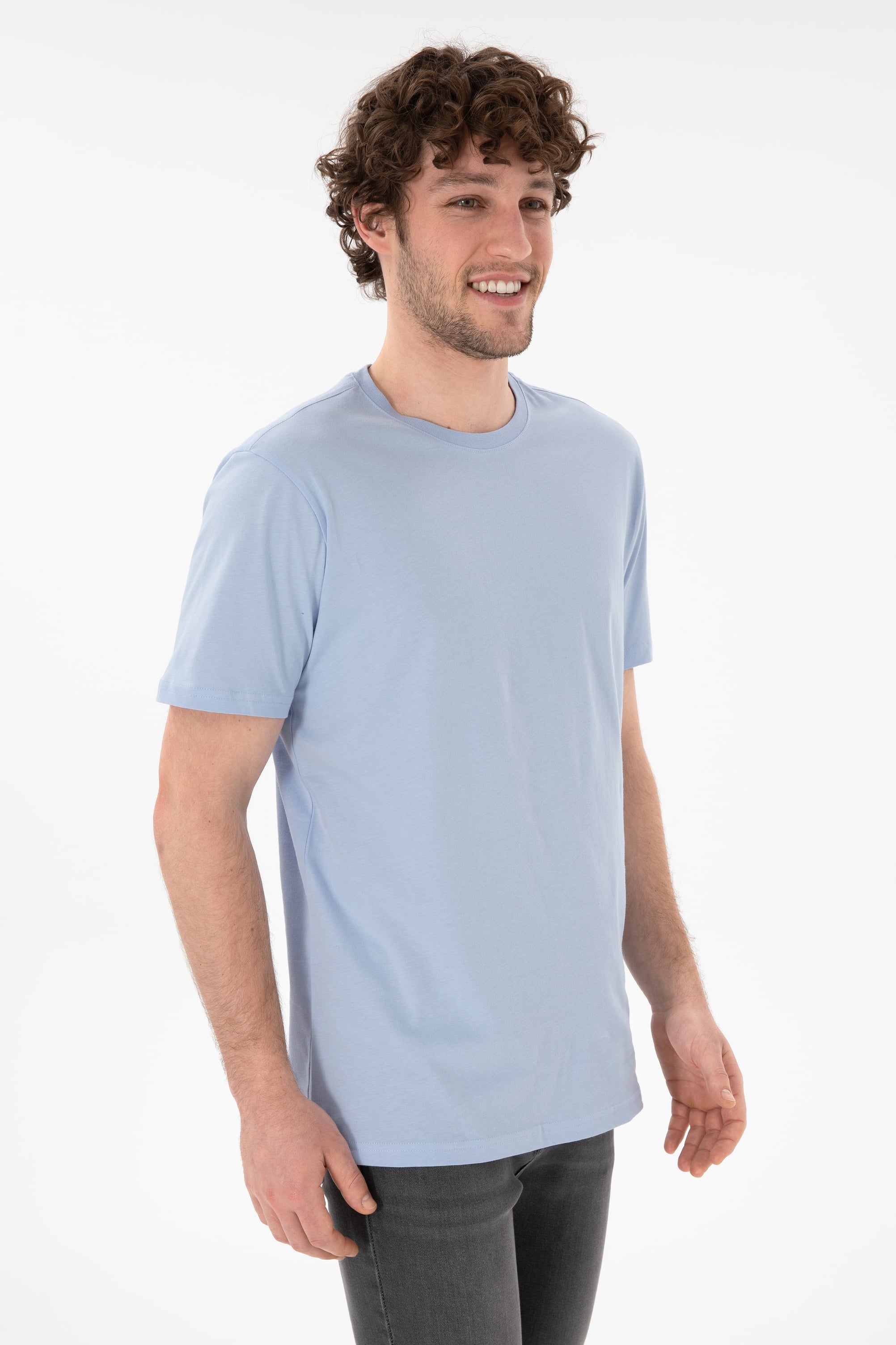 Erkek Regular Fit Bisiklet Yaka Açık Mavi Basic Tişört - Image 2