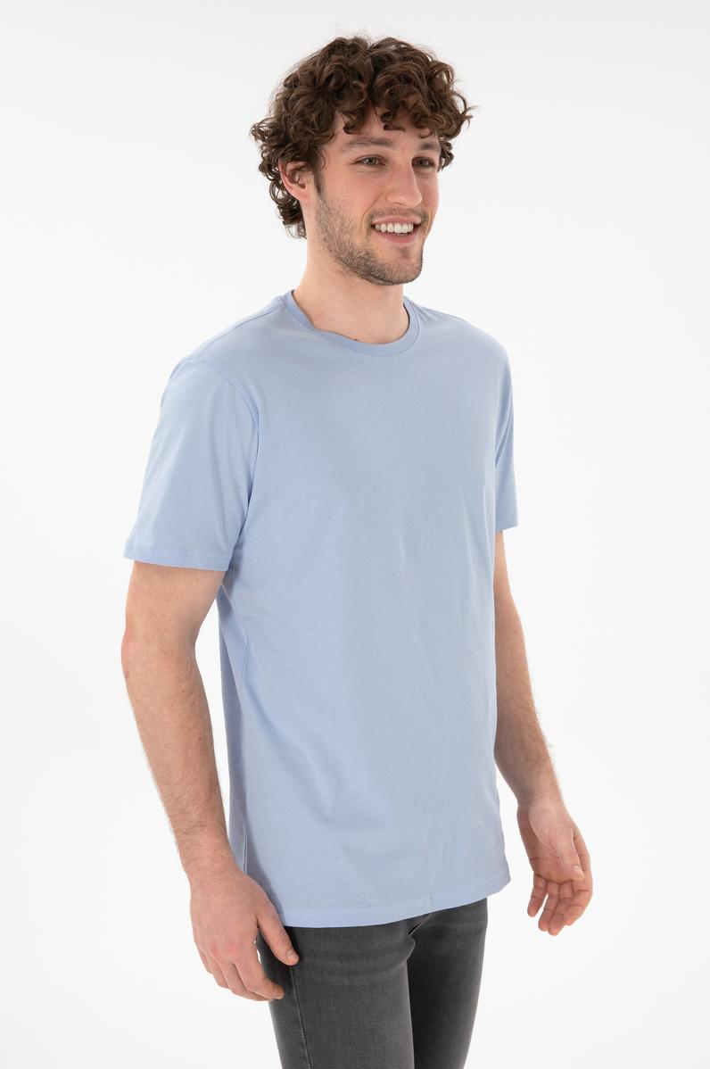 Erkek Regular Fit Bisiklet Yaka Açık Mavi Basic Tişört