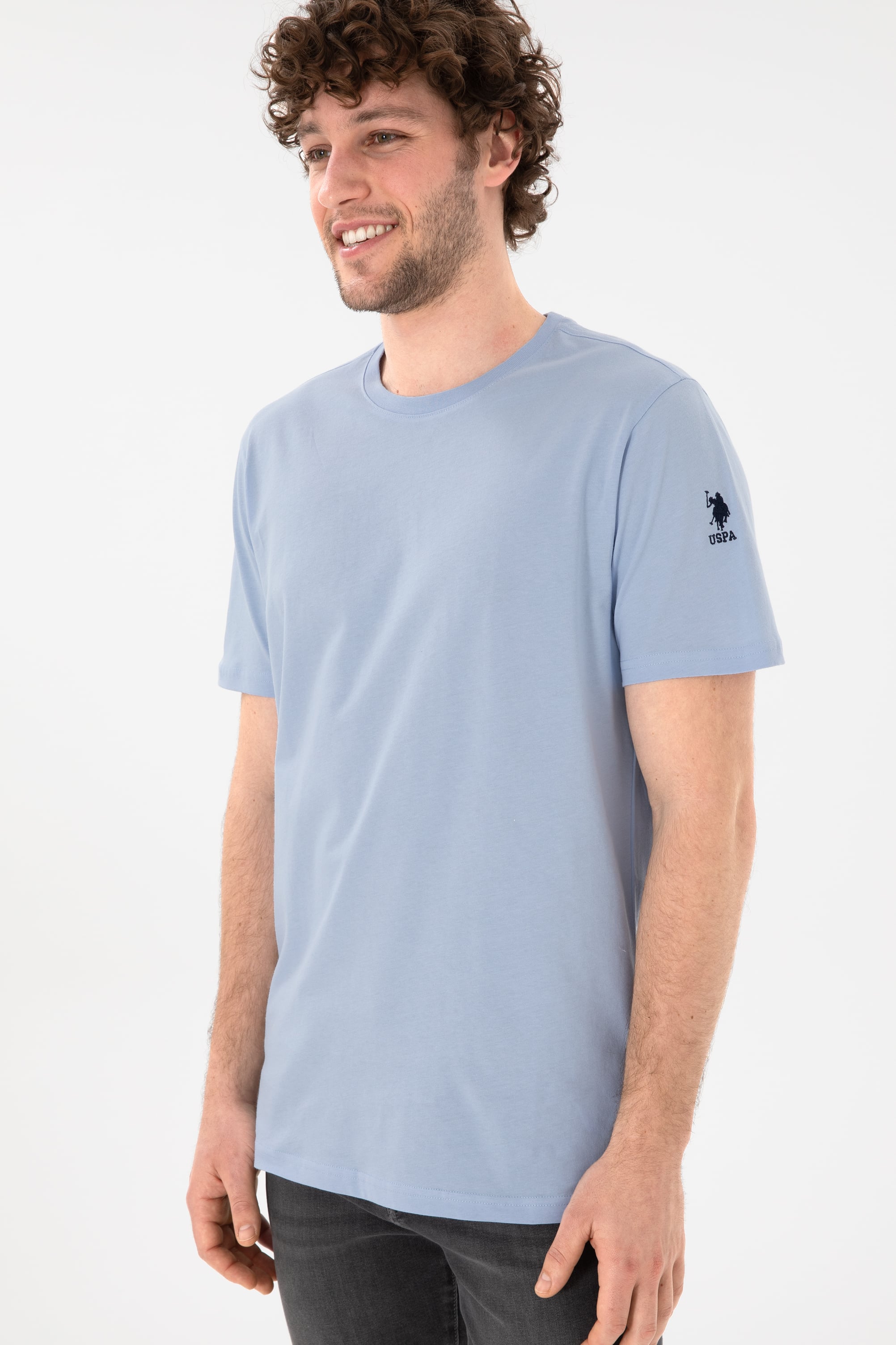 Erkek Regular Fit Bisiklet Yaka Açık Mavi Basic Tişört