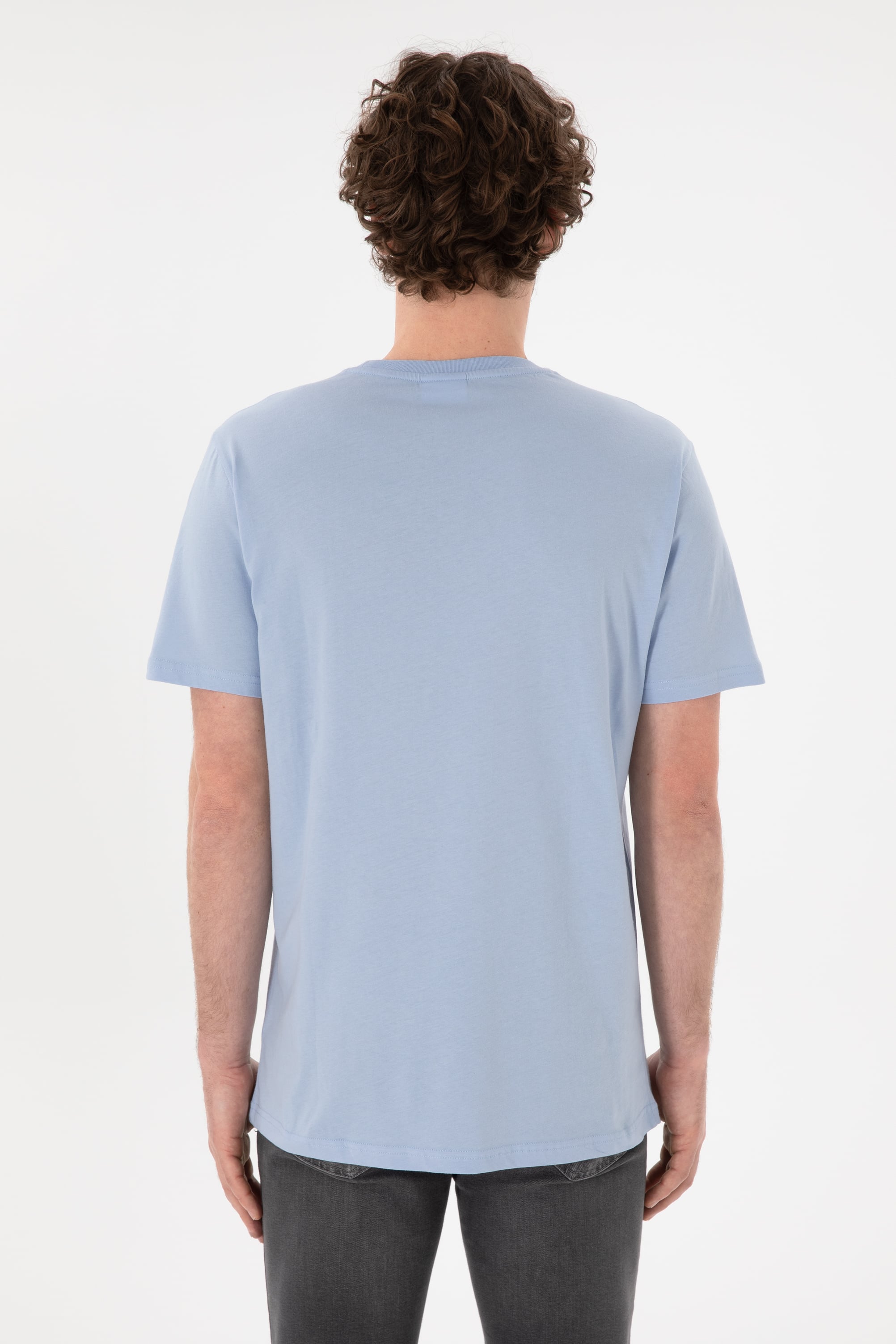 Erkek Regular Fit Bisiklet Yaka Açık Mavi Basic Tişört - Image 6