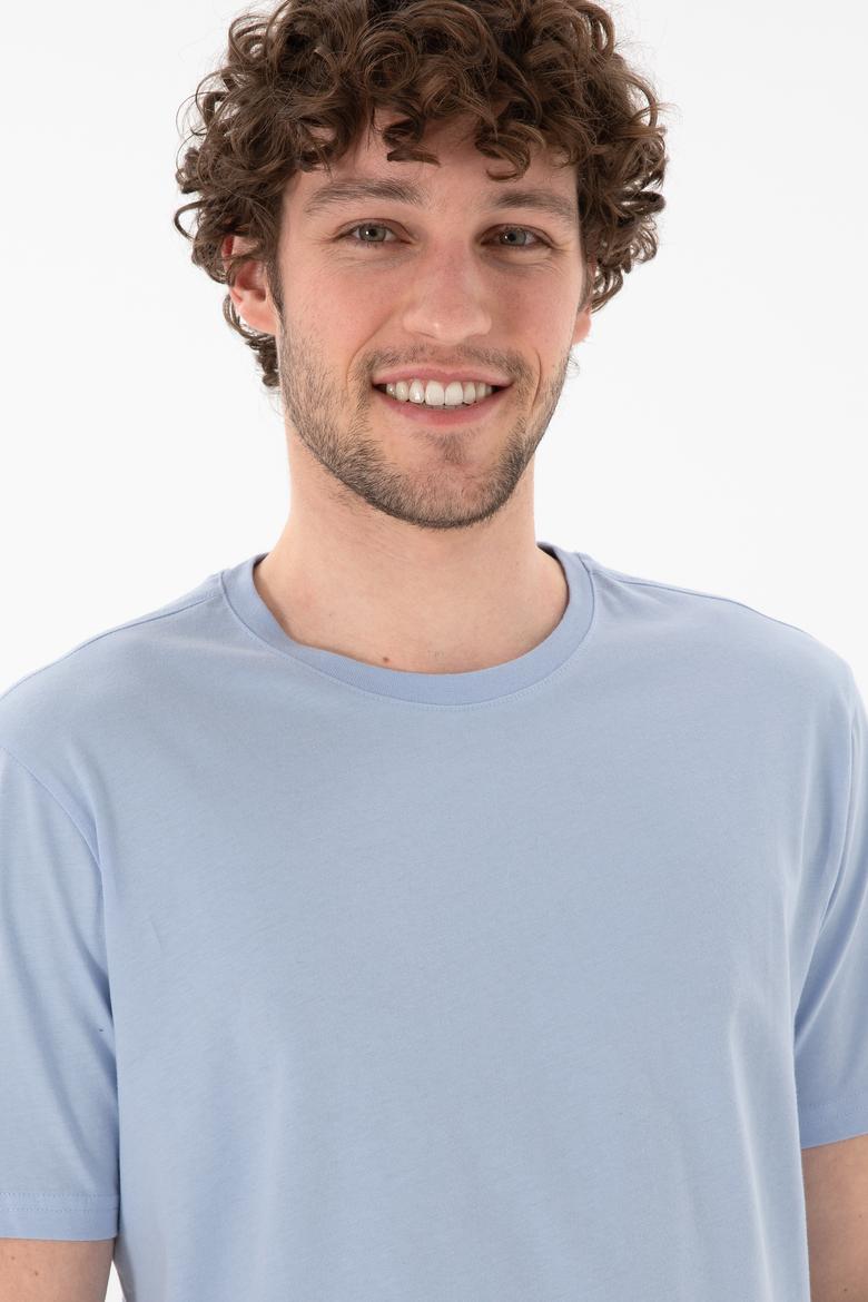 Erkek Regular Fit Bisiklet Yaka Açık Mavi Basic Tişört - 50305985076
