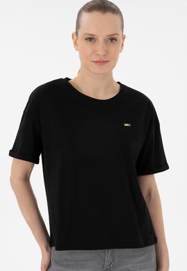 Kadın Siyah Kol Katlamalı Bisiklet Yaka Tişört - 50305822038