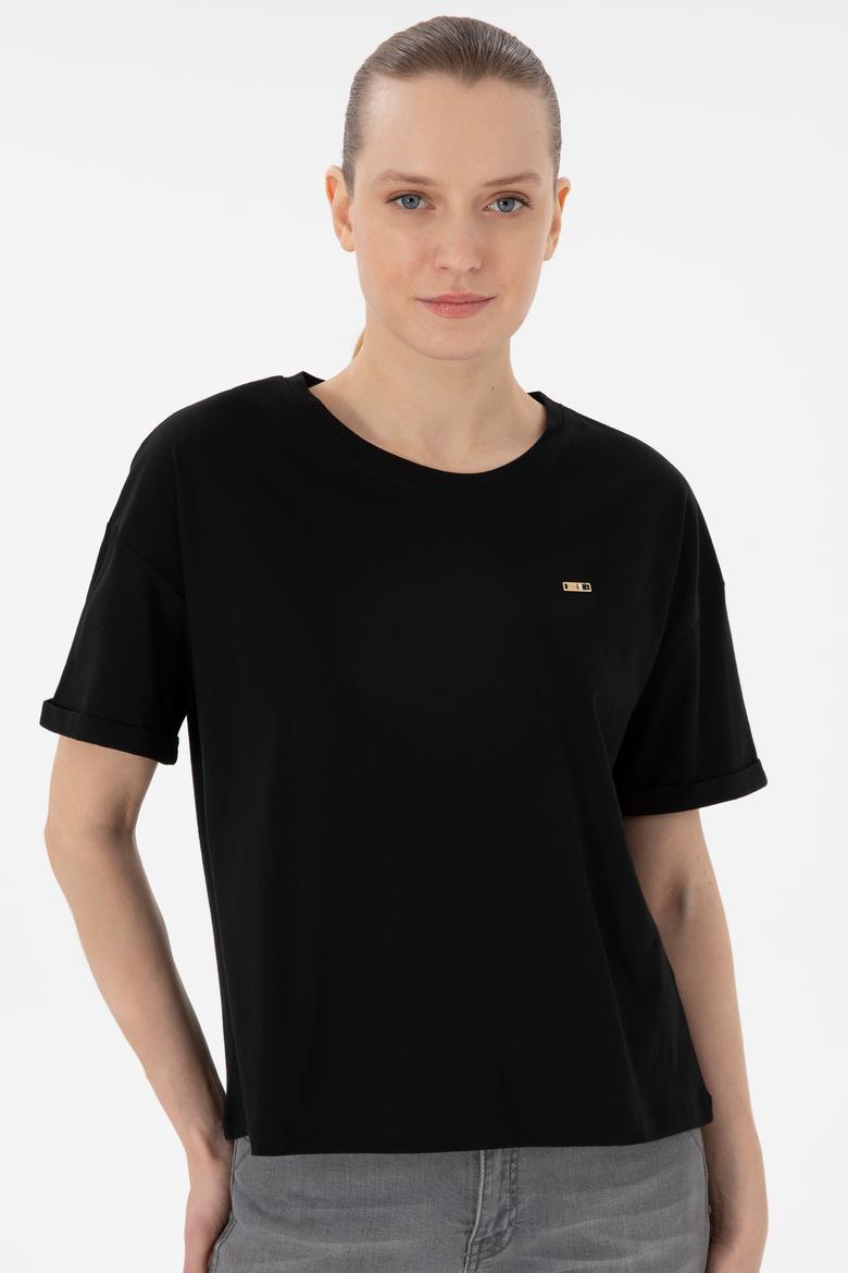 Kadın Siyah Kol Katlamalı Bisiklet Yaka Tişört - 50305822038