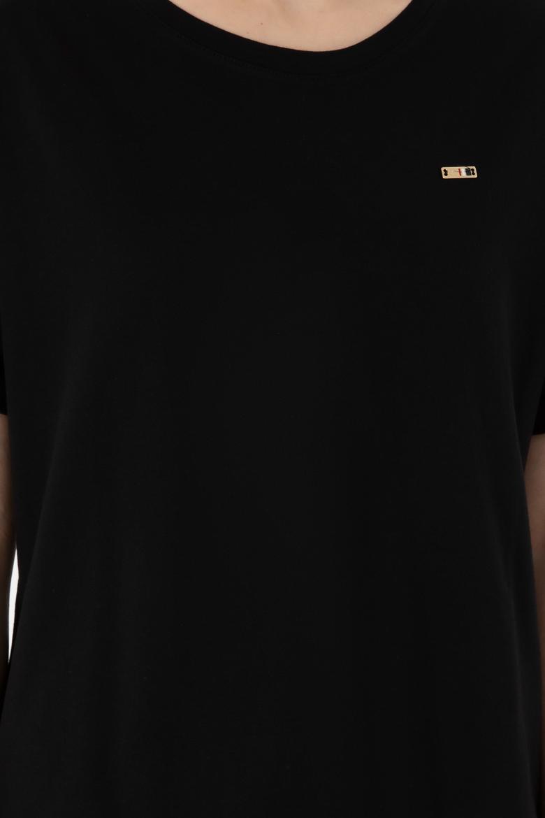 Kadın Siyah Kol Katlamalı Bisiklet Yaka Tişört - 50305822038