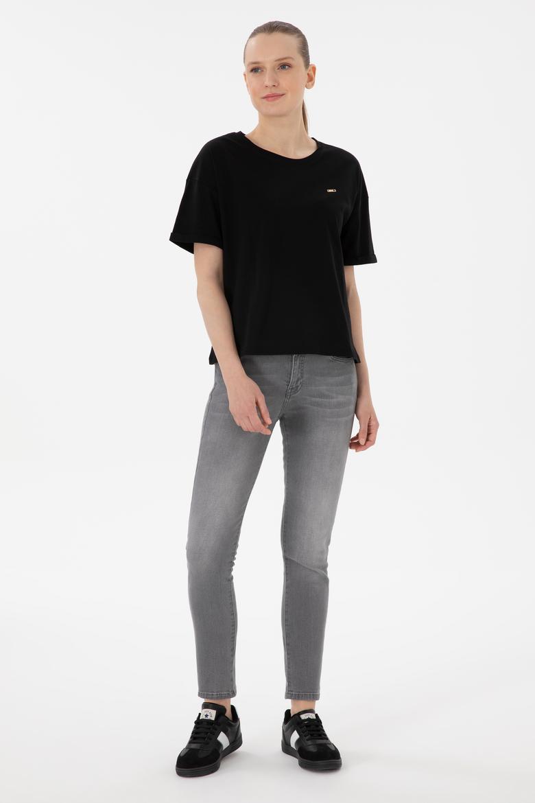 Kadın Siyah Kol Katlamalı Bisiklet Yaka Tişört - 50305822038