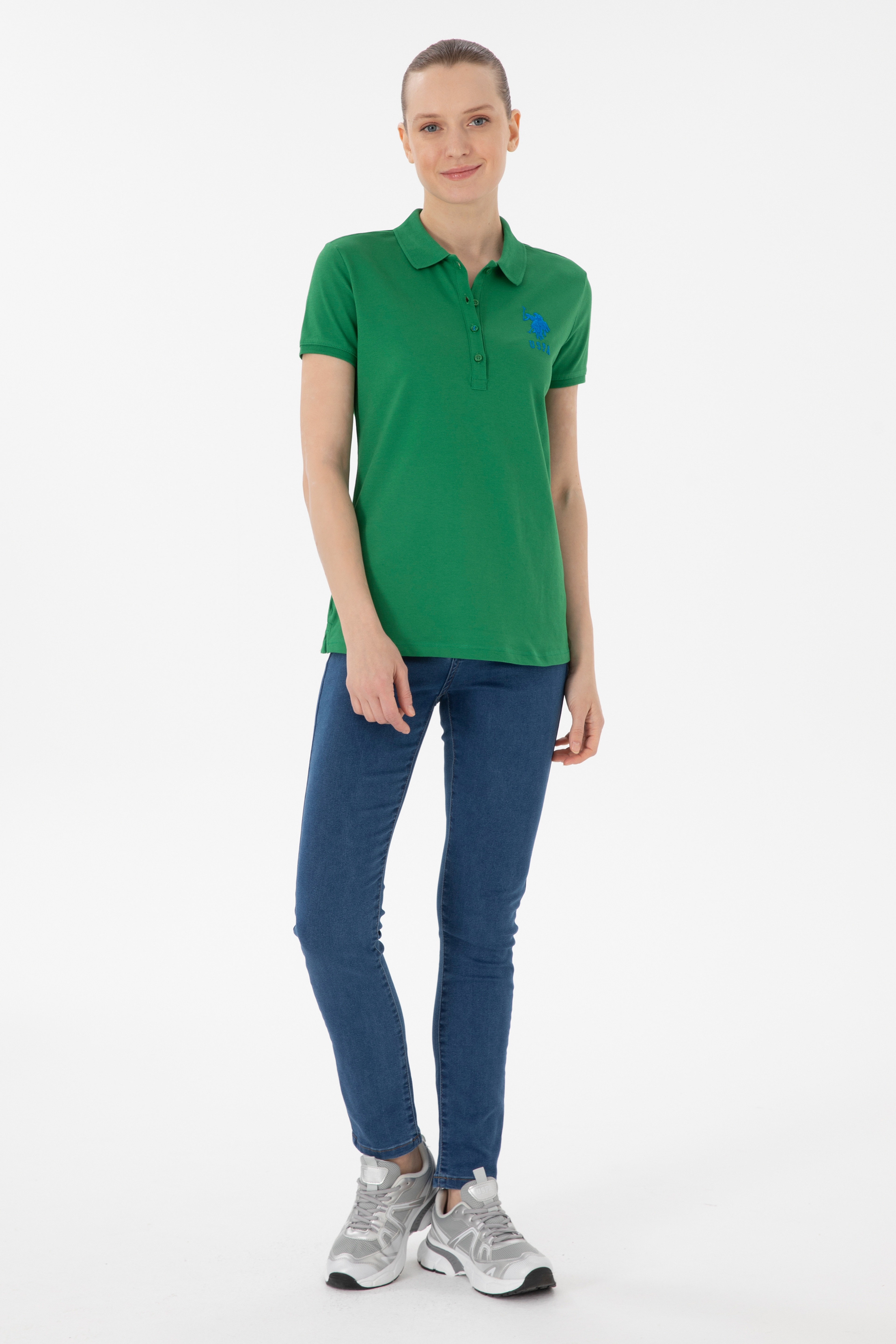 Kadın Yeşil Basic Polo Yaka Tişört - Image 4