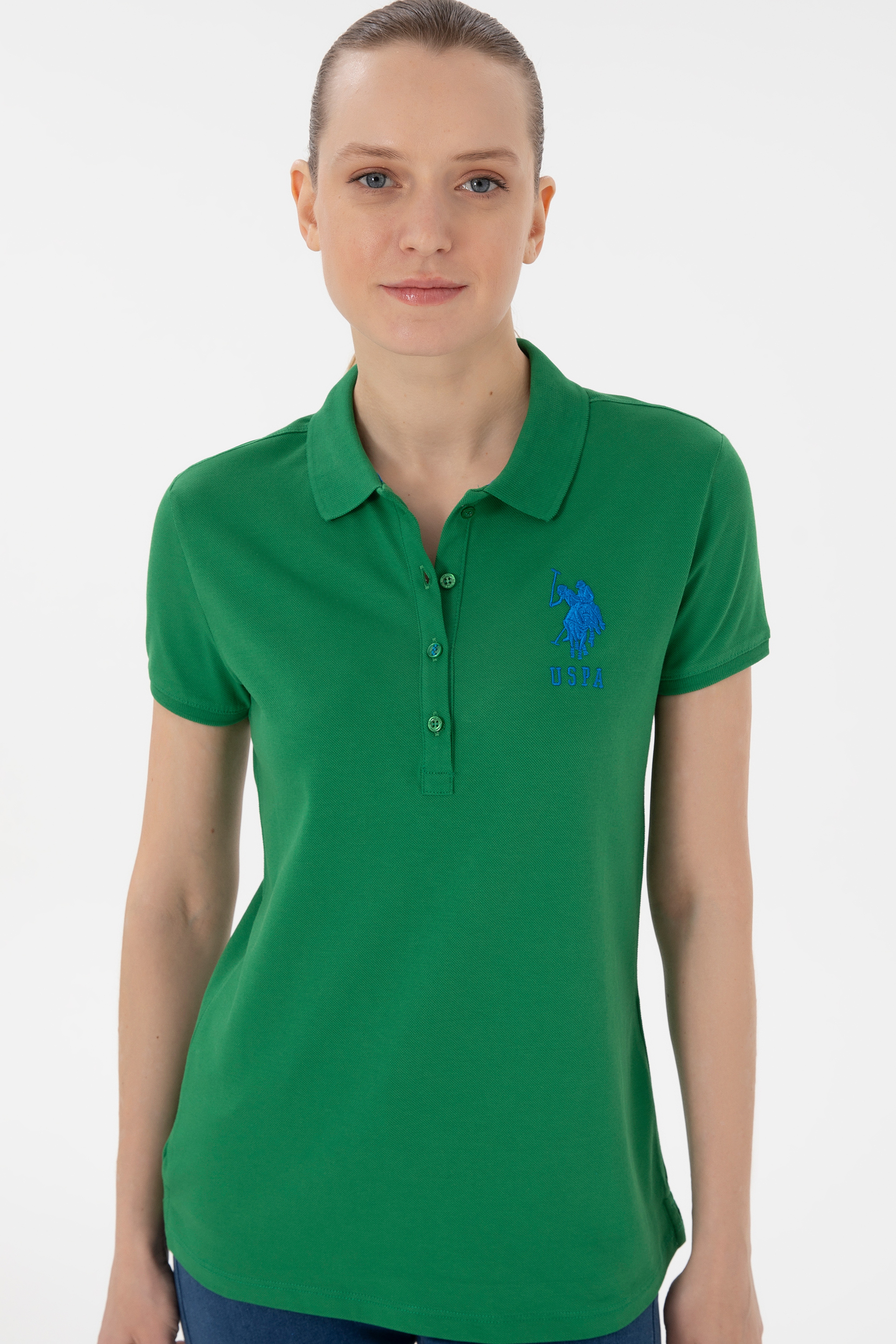 Kadın Yeşil Basic Polo Yaka Tişört - Image 3