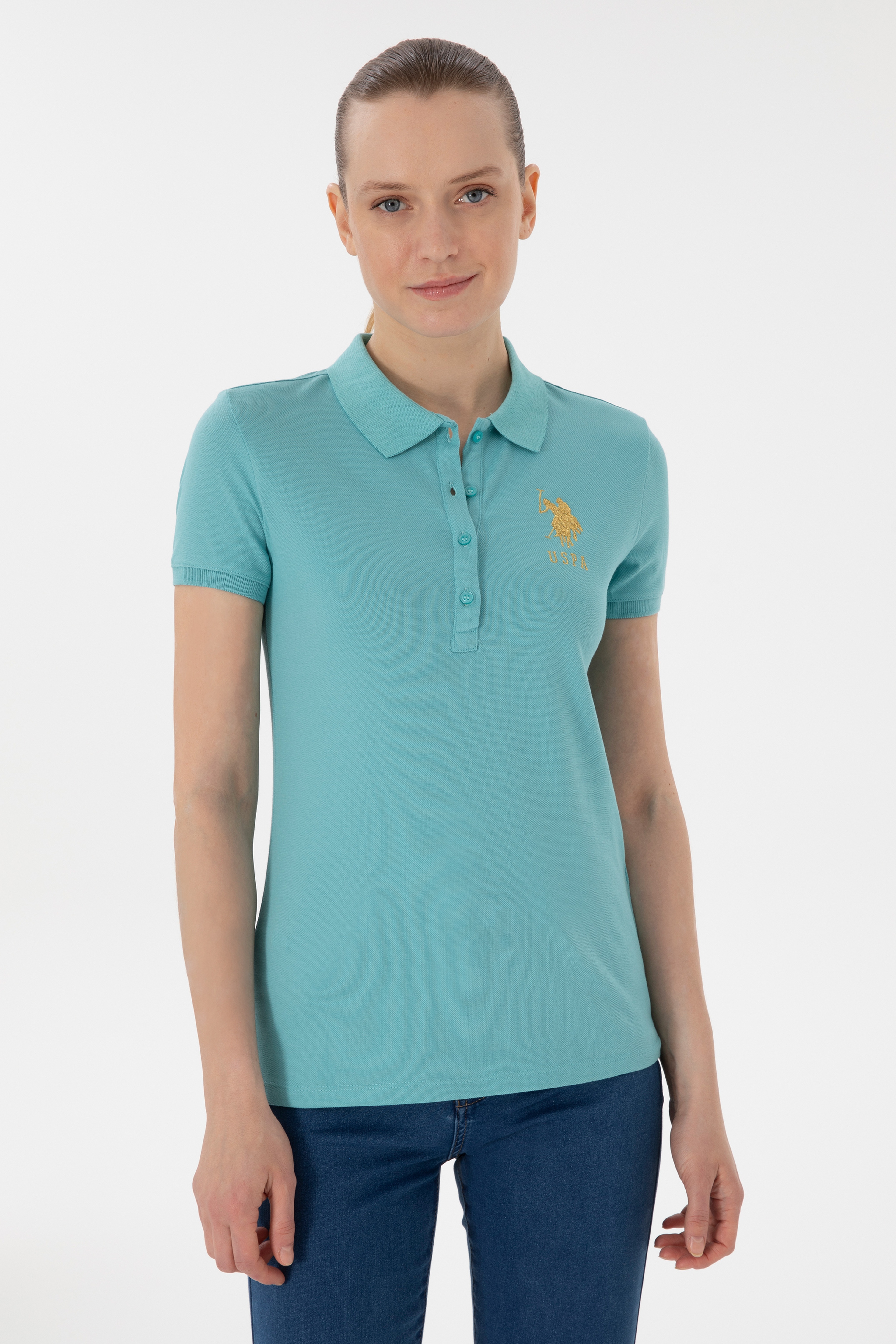 Kadın Mint Basic Polo Yaka Tişört - Image 1