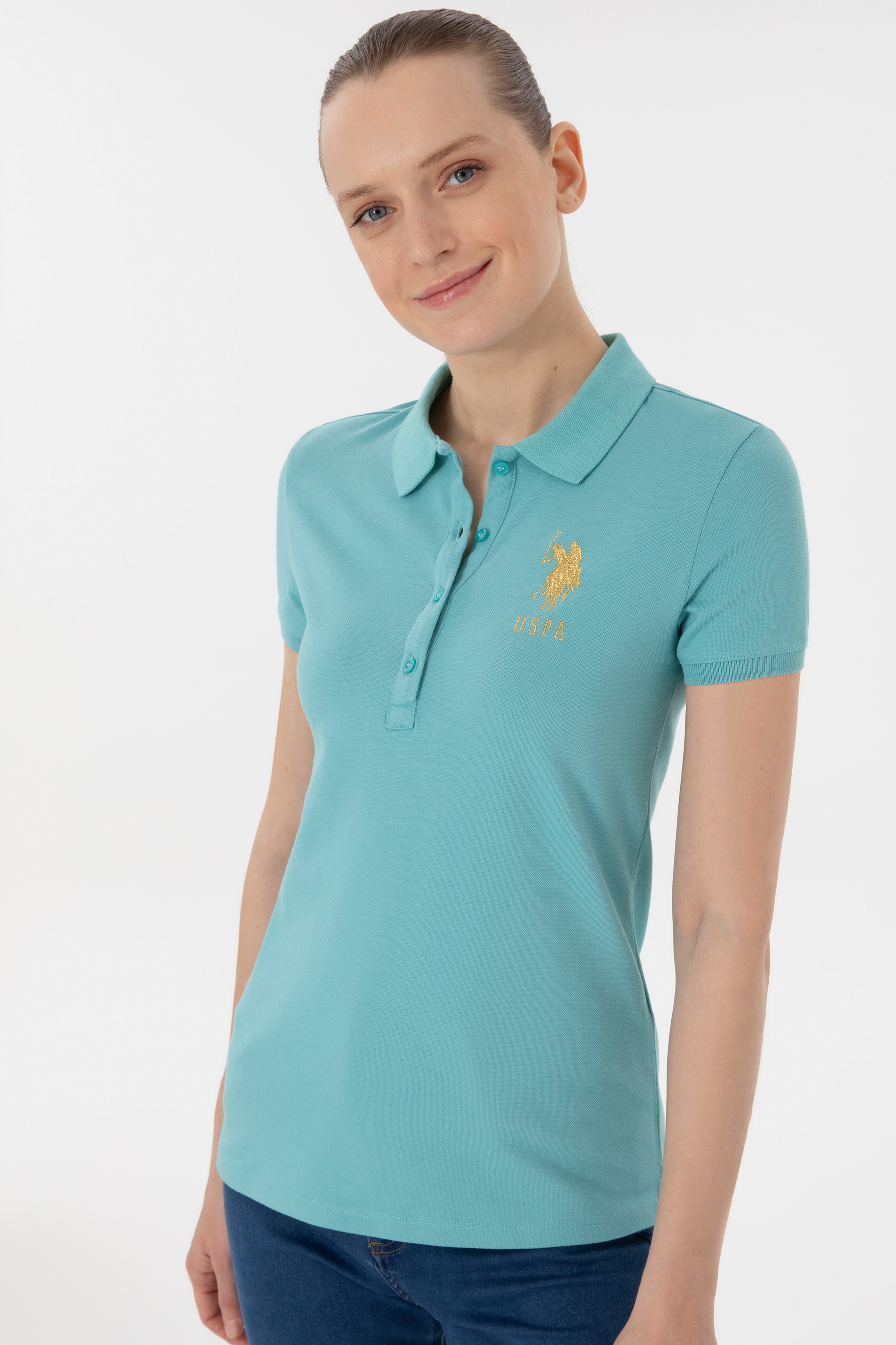 Kadın Mint Basic Polo Yaka Tişört - Image 3