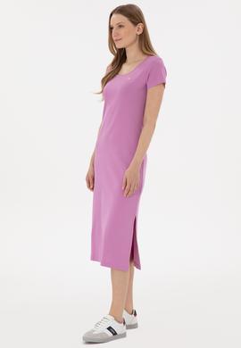Kadın Pembe Yırtmaçlı Bisiklet Yaka Midi Boy Örme Elbise - 50305753014