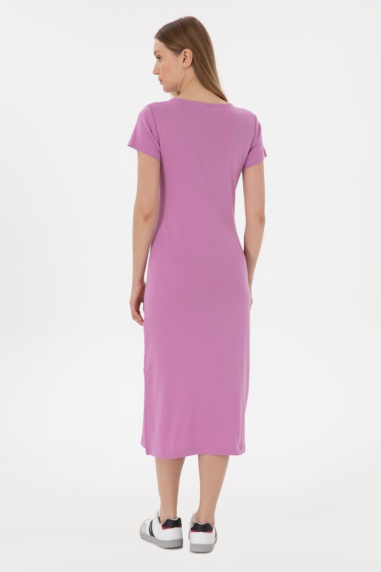 Kadın Pembe Yırtmaçlı Bisiklet Yaka Midi Boy Örme Elbise - 50305753014