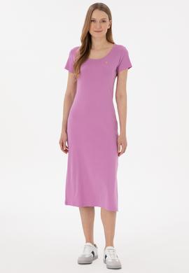 Kadın Pembe Yırtmaçlı Bisiklet Yaka Midi Boy Örme Elbise - 50305753014