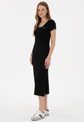 Kadın Siyah Yırtmaçlı Bisiklet Yaka Midi Boy Örme Elbise - 50305753001