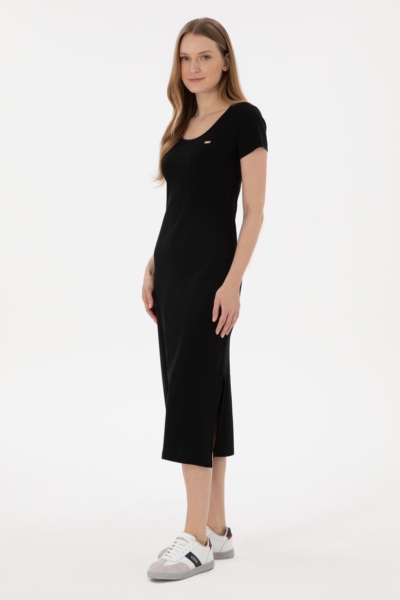 Kadın Siyah Yırtmaçlı Bisiklet Yaka Midi Boy Örme Elbise - 50305753001