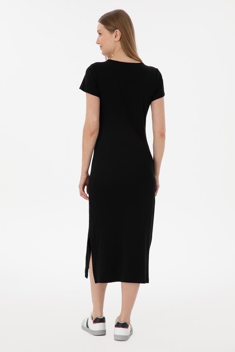 Kadın Siyah Yırtmaçlı Bisiklet Yaka Midi Boy Örme Elbise - 50305753001