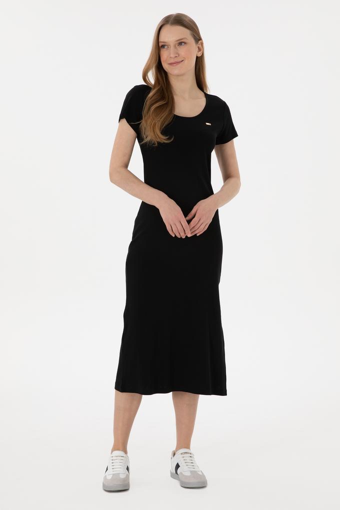 Kadın Siyah Yırtmaçlı Bisiklet Yaka Midi Boy Örme Elbise