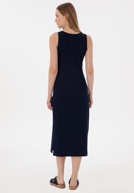 Kadın Lacivert Yırtmaçlı Kolsuz Kare Yaka Midi Boy Örme Elbise - 50305835036