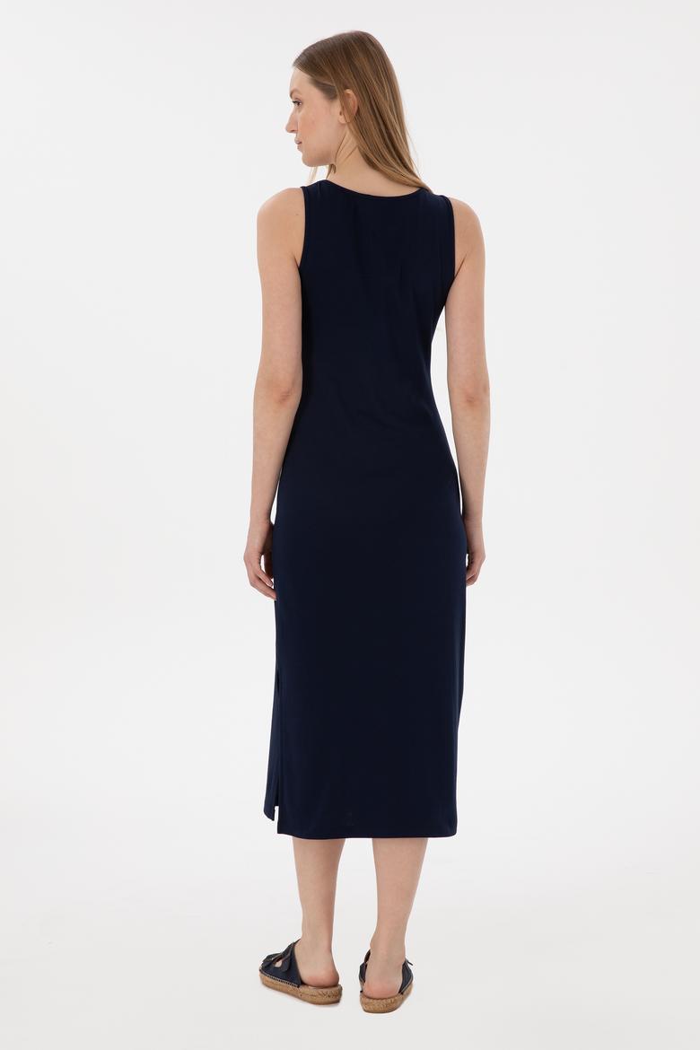 Kadın Lacivert Yırtmaçlı Kolsuz Kare Yaka Midi Boy Örme Elbise - 50305835036