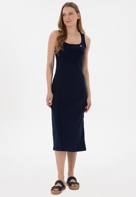 Kadın Lacivert Yırtmaçlı Kolsuz Kare Yaka Midi Boy Örme Elbise - 50305835036