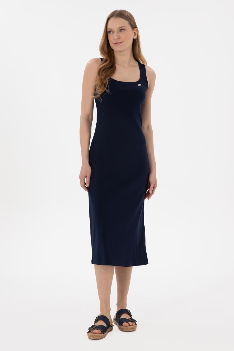 Kadın Lacivert Yırtmaçlı Kolsuz Kare Yaka Midi Boy Örme Elbise - 50305835036