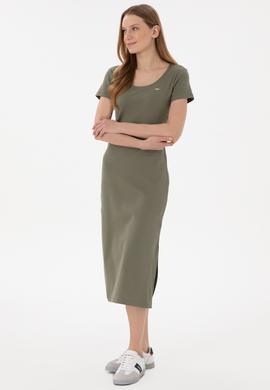 Kadın Koyu Haki Yırtmaçlı Bisiklet Yaka Midi Boy Örme Elbise - 50305753033