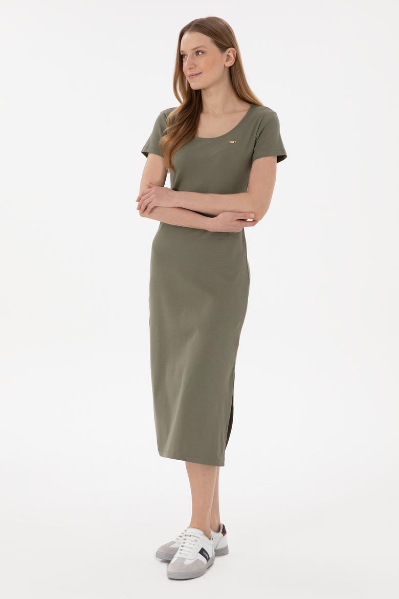 Kadın Koyu Haki Yırtmaçlı Bisiklet Yaka Midi Boy Örme Elbise - 50305753033
