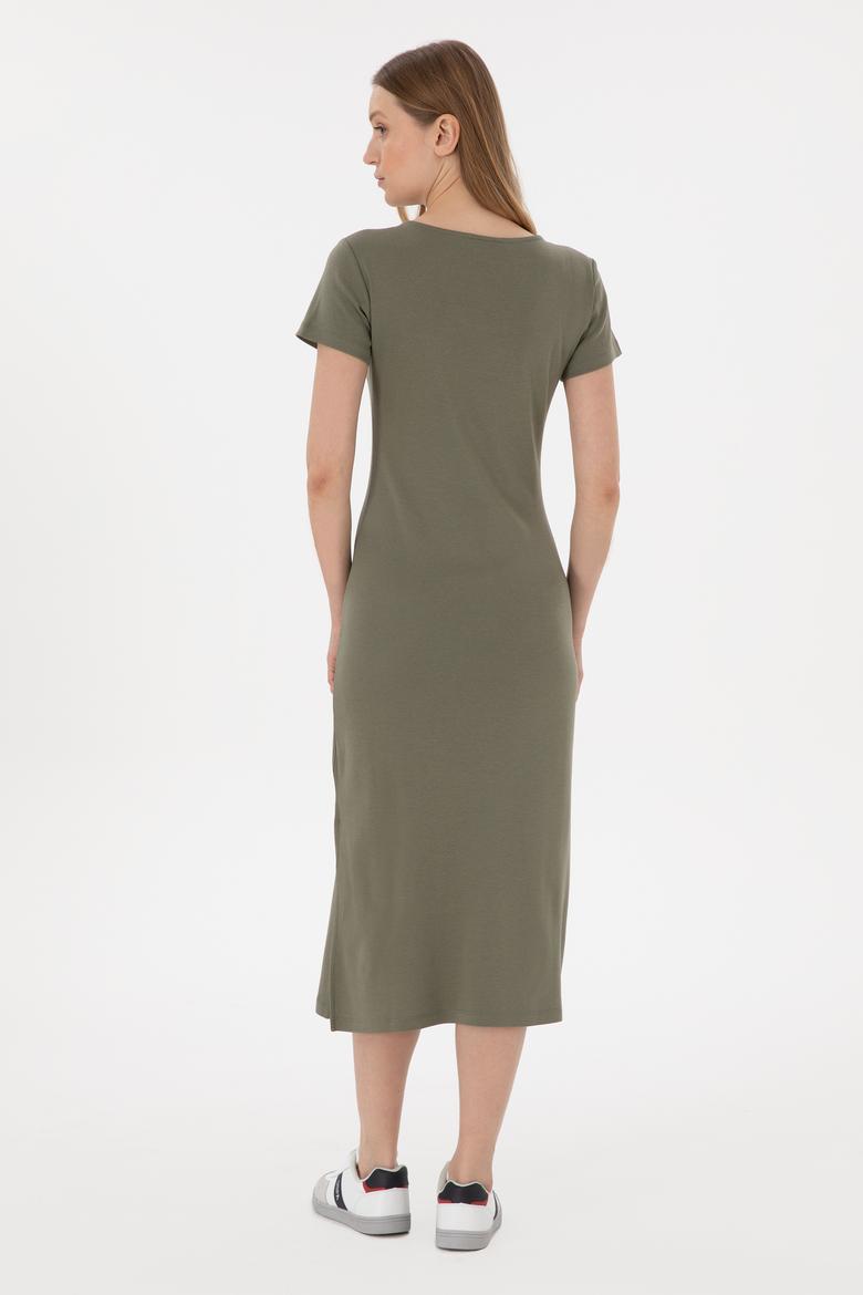 Kadın Koyu Haki Yırtmaçlı Bisiklet Yaka Midi Boy Örme Elbise - 50305753033
