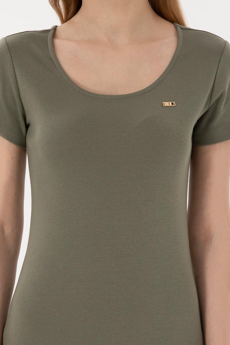 Kadın Koyu Haki Yırtmaçlı Bisiklet Yaka Midi Boy Örme Elbise - 50305753033