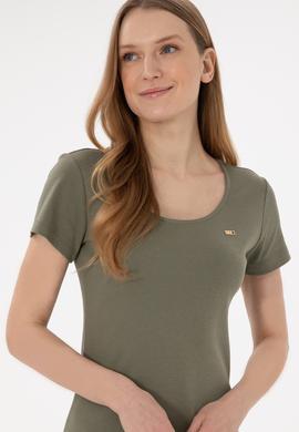 Kadın Koyu Haki Yırtmaçlı Bisiklet Yaka Midi Boy Örme Elbise - 50305753033