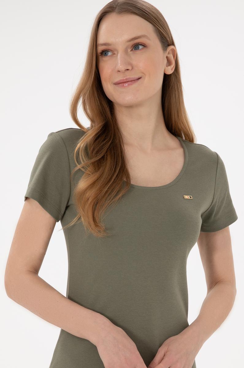 Kadın Koyu Haki Yırtmaçlı Bisiklet Yaka Midi Boy Örme Elbise