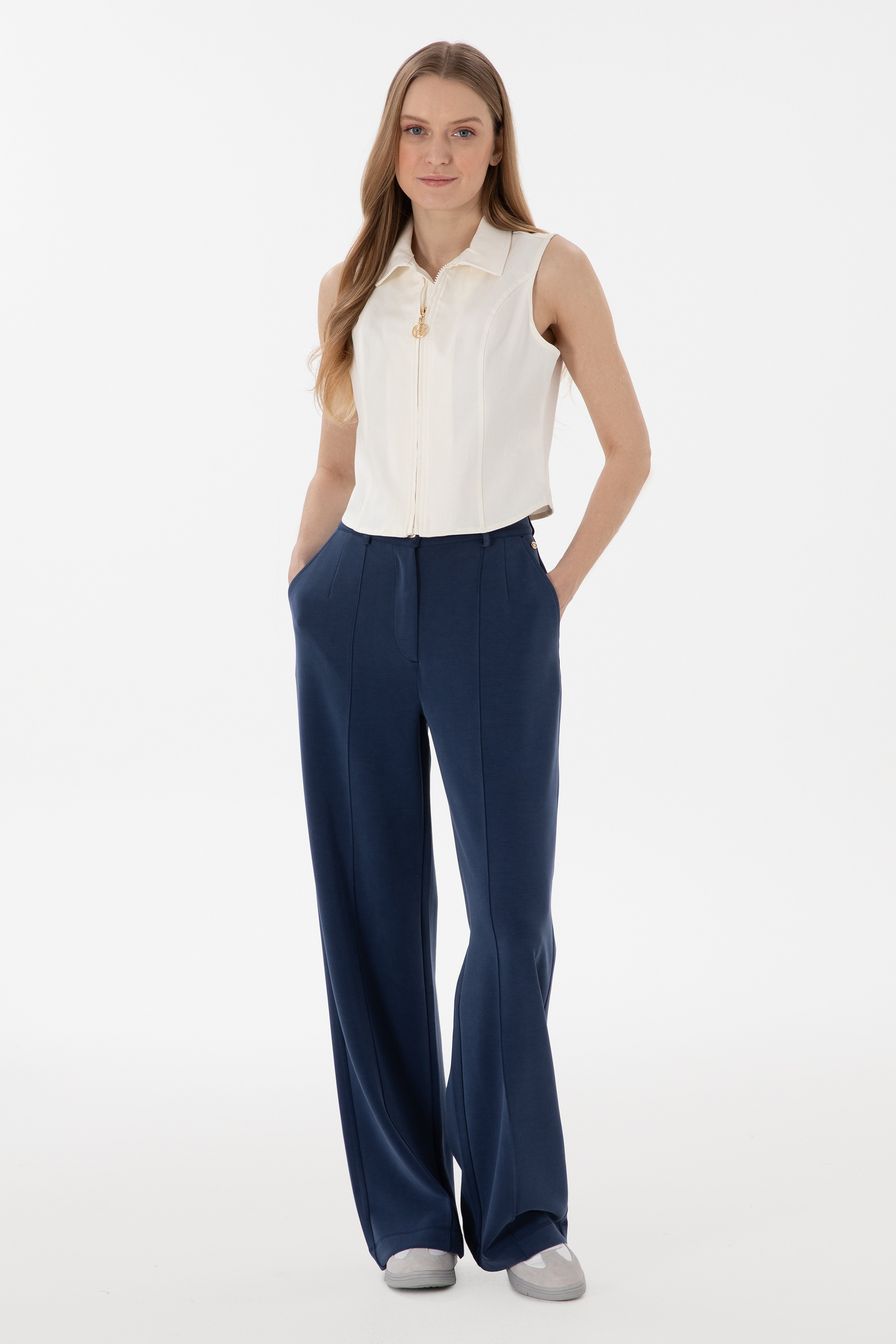 Kadın Lacivert Modal Karışımlı Loose Fit Örme Pantolon - Image 3