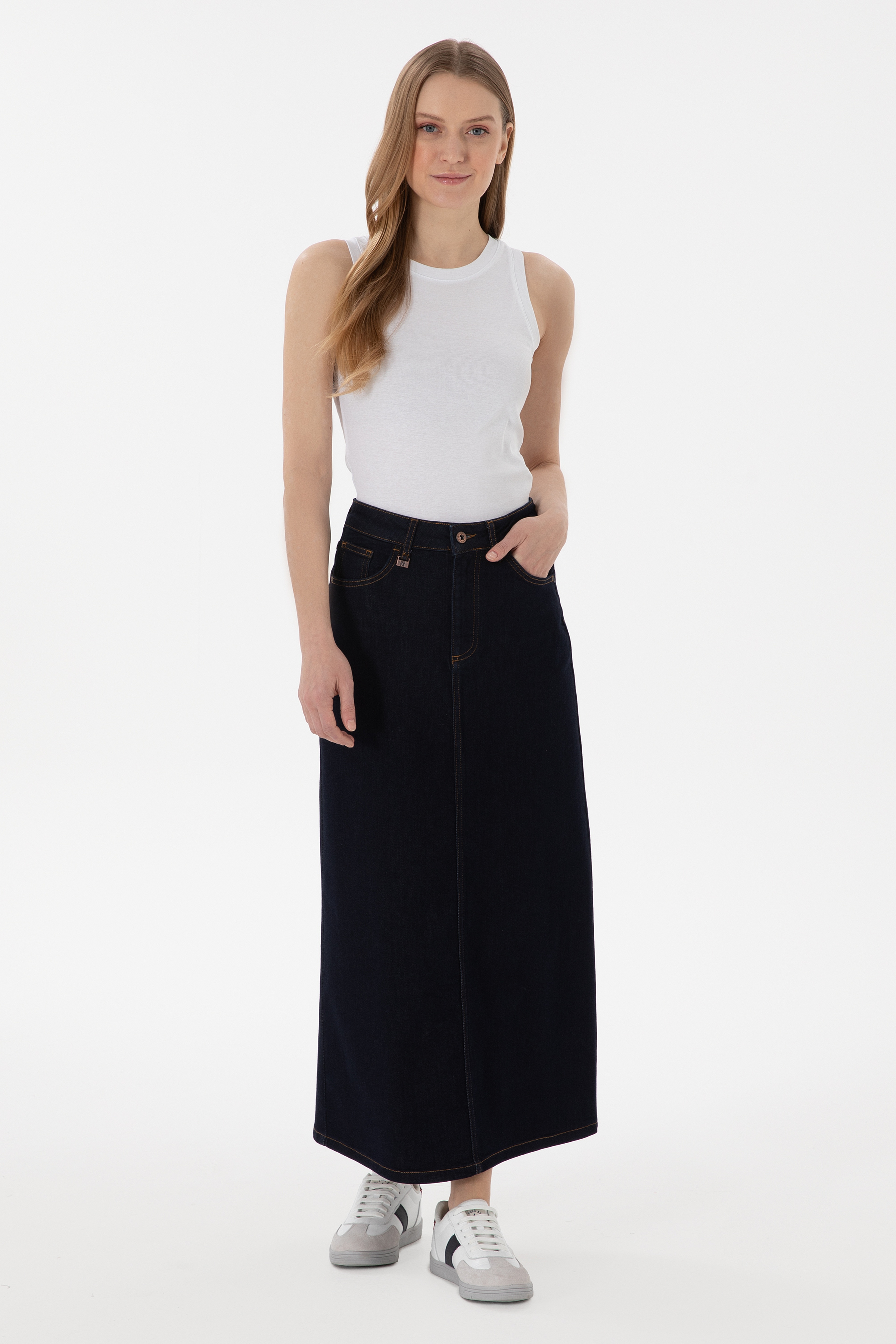 Kadın Koyu Mavi Jean Maxi Boy Etek - Image 3