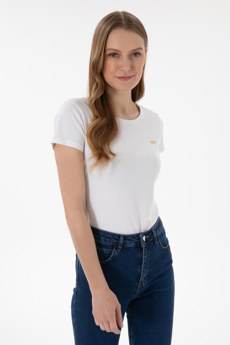 Kadın Beyaz Bisiklet Yaka Tişört