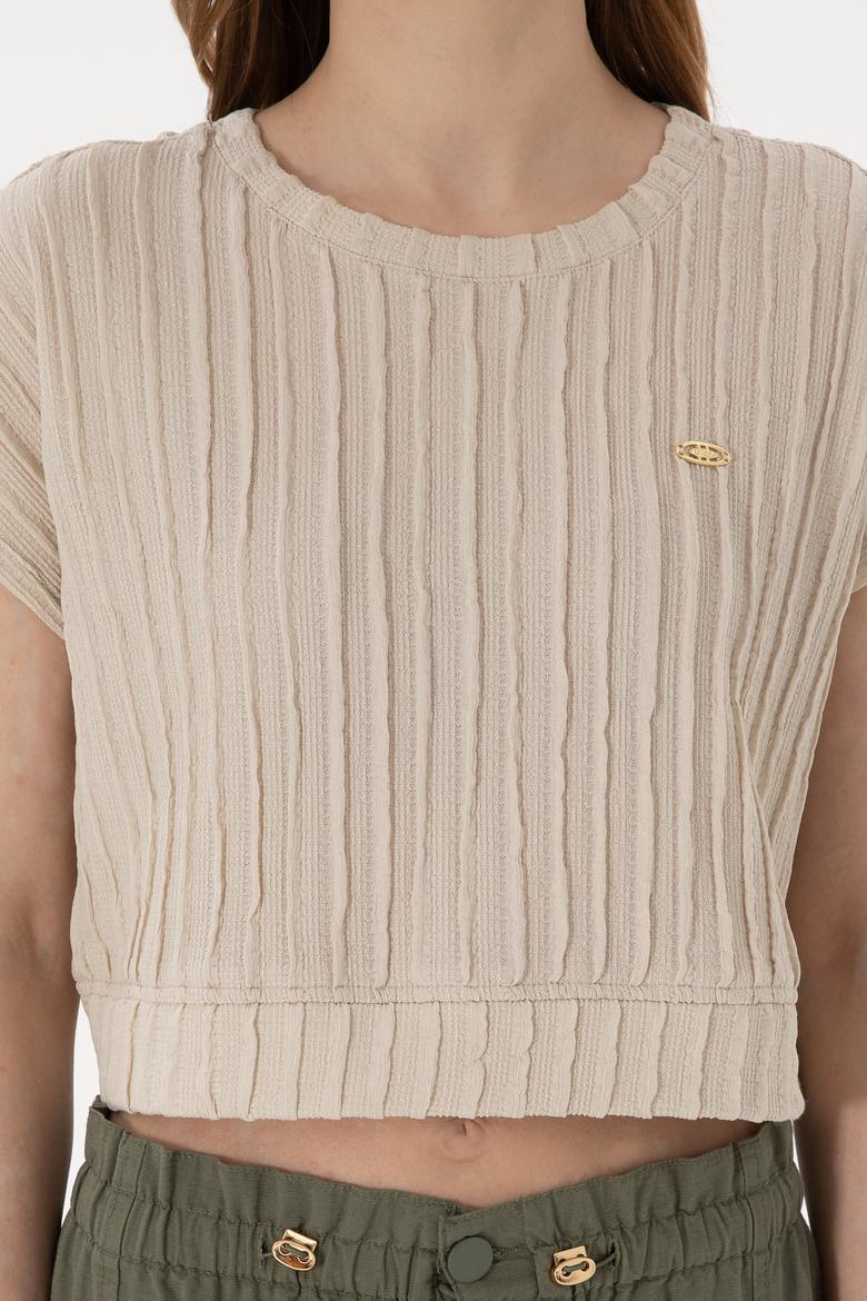 Kadın Taş Crop Bisiklet Yaka Tişört - 50300801016