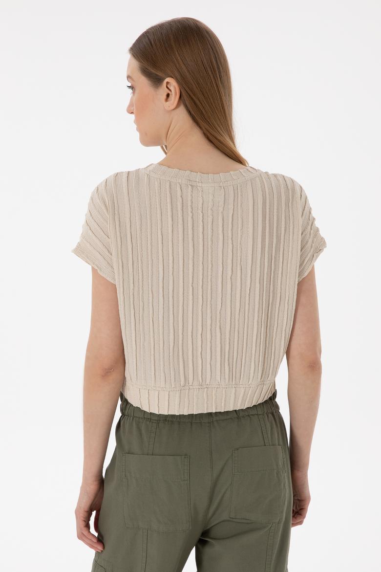 Kadın Taş Crop Bisiklet Yaka Tişört - 50300801016