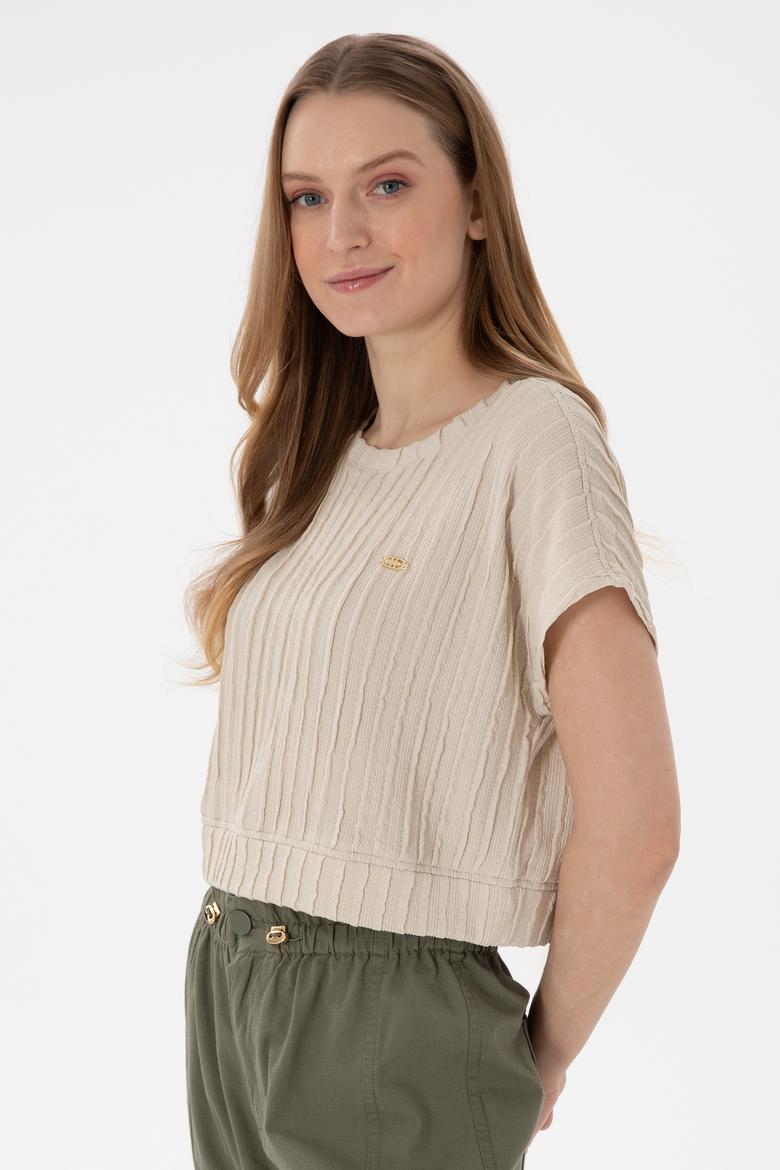 Kadın Taş Crop Bisiklet Yaka Tişört