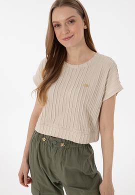 Kadın Taş Crop Bisiklet Yaka Tişört - 50300801016