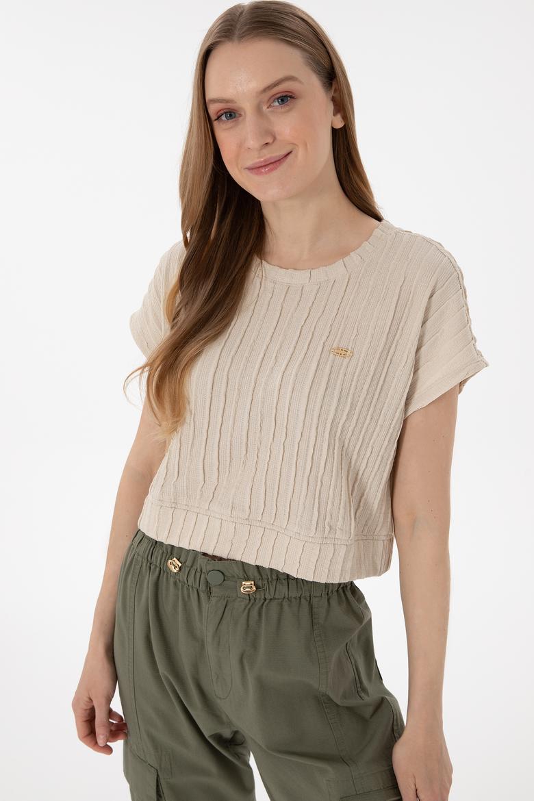 Kadın Taş Crop Bisiklet Yaka Tişört - 50300801016